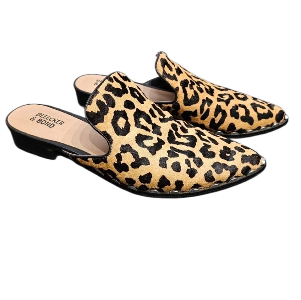 Bleecker & Bond Simone Leopard Print Studded Calf Hair Slip On Mules Size 7.5